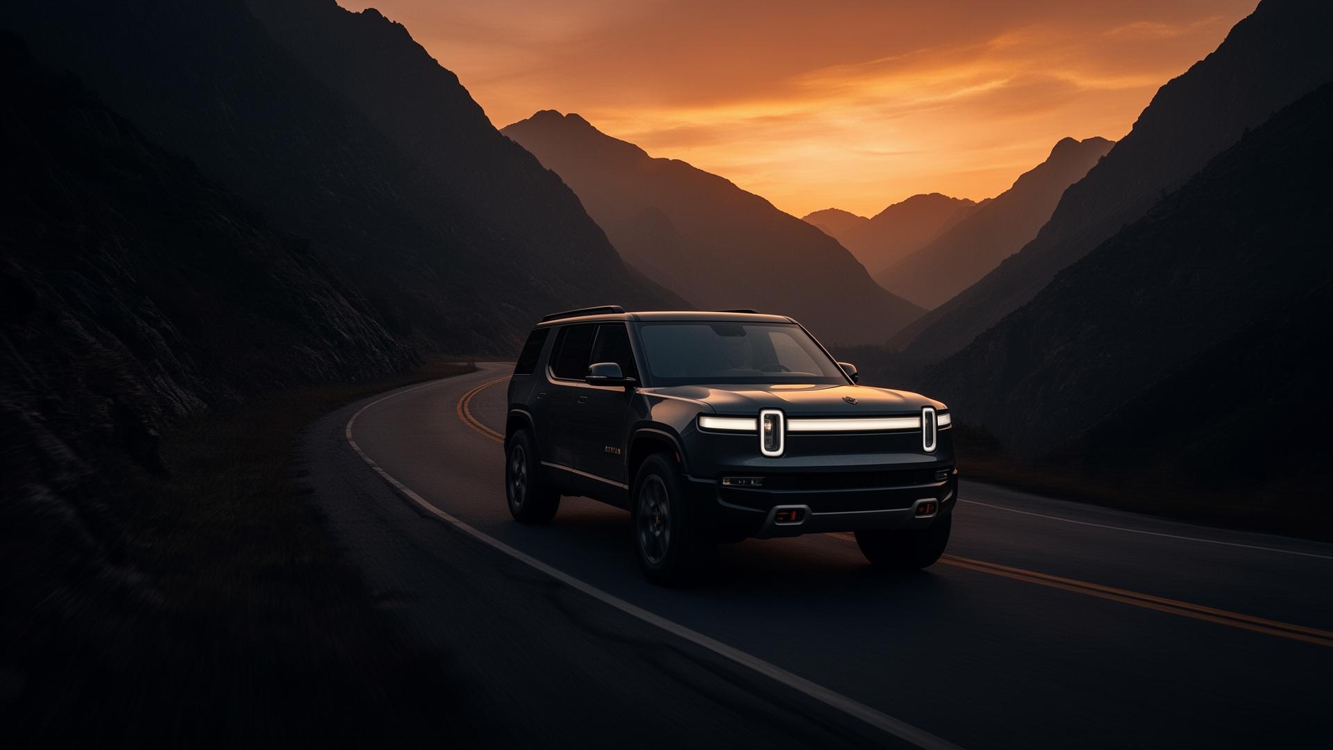 Rugged SUV on a mountain road at sunset